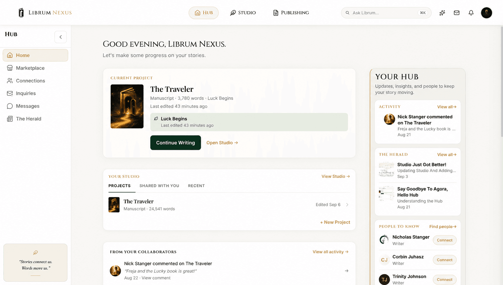 The Librum Nexus Hub, showing collaboration, messages, and The Herald.