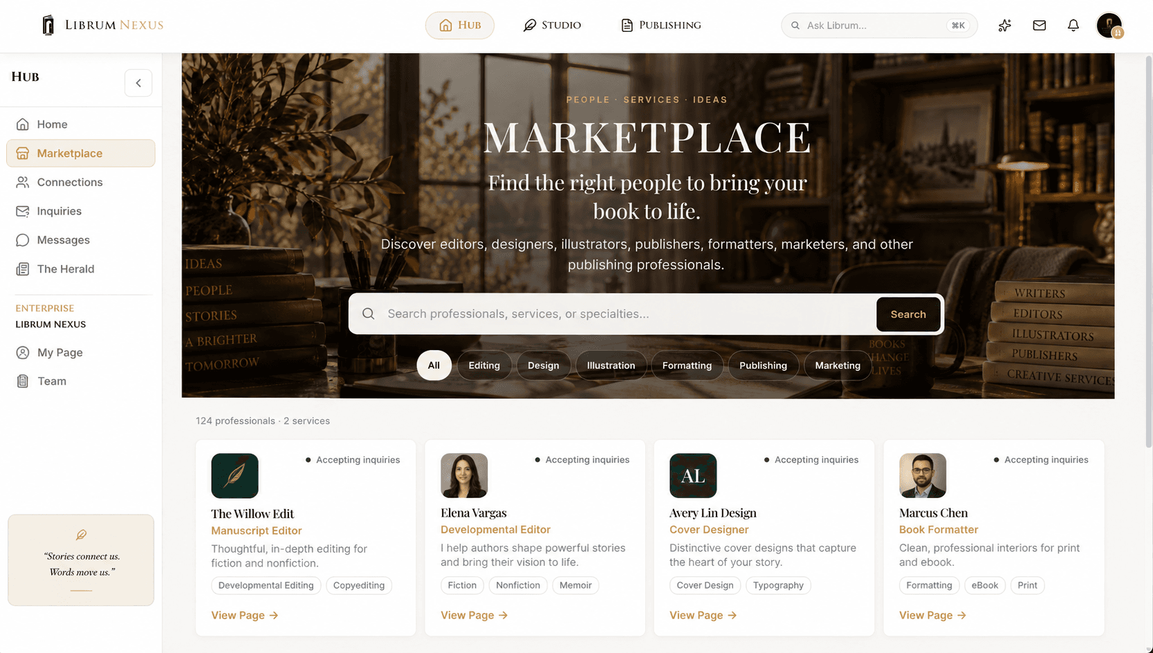 The Librum Nexus Marketplace, showing professional services for writers.