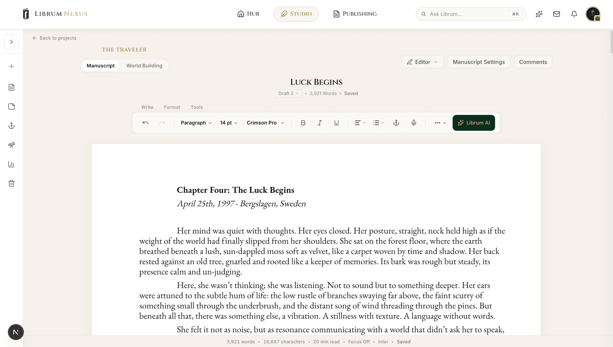 The Librum Nexus Studio, showing a manuscript workspace.