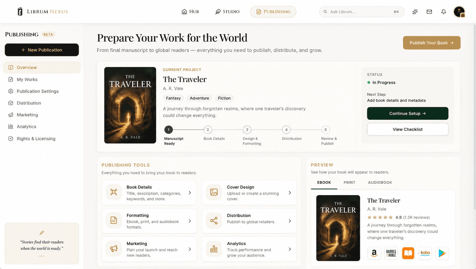 The Librum Nexus Publishing destination, showing the path toward readers.
